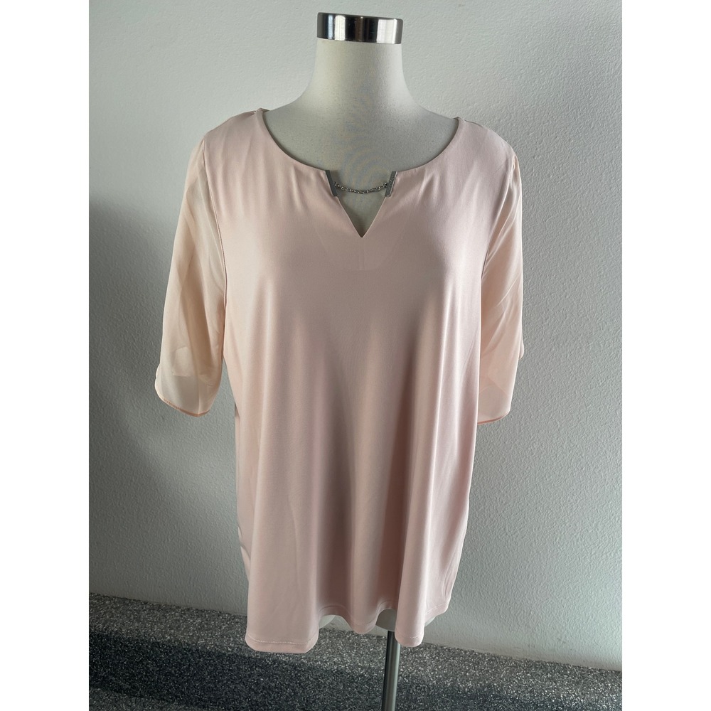 NEW Calvin Klein Womens Plus 0X Blush Pink Short Sleeve V Neck Blouse Tunic Top